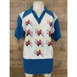 Vintage 1970s Groovy Pointy Collar Knit Sweater Size Medium Hippie